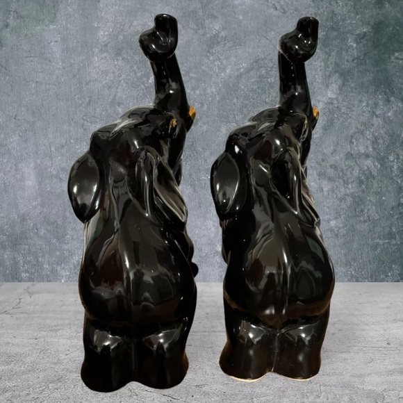 Vintage Ceramic Elephants (2) Black 1960 Gold Trunk Up Home Decor - Picture 5 of 9